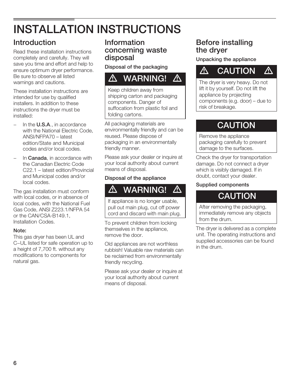 Installation instructions, Warning, Caution | Introduction, Information concerning waste disposal, Before installing the dryer | Bosch WTMC 652SUC User Manual | Page 6 / 96