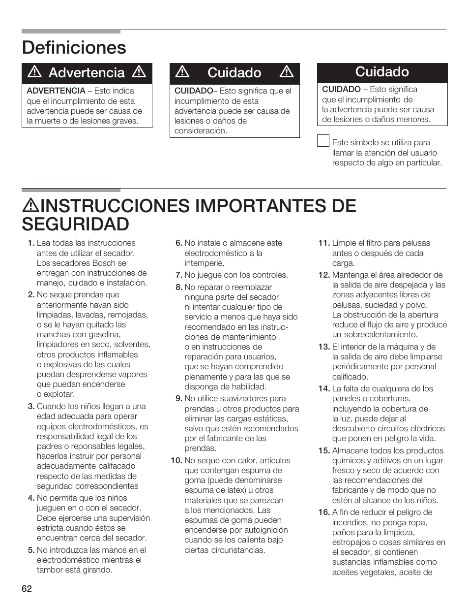 Definiciones, Dinstrucciones importantes de seguridad, Advertencia | Cuidado | Bosch WTMC 652SUC User Manual | Page 62 / 96