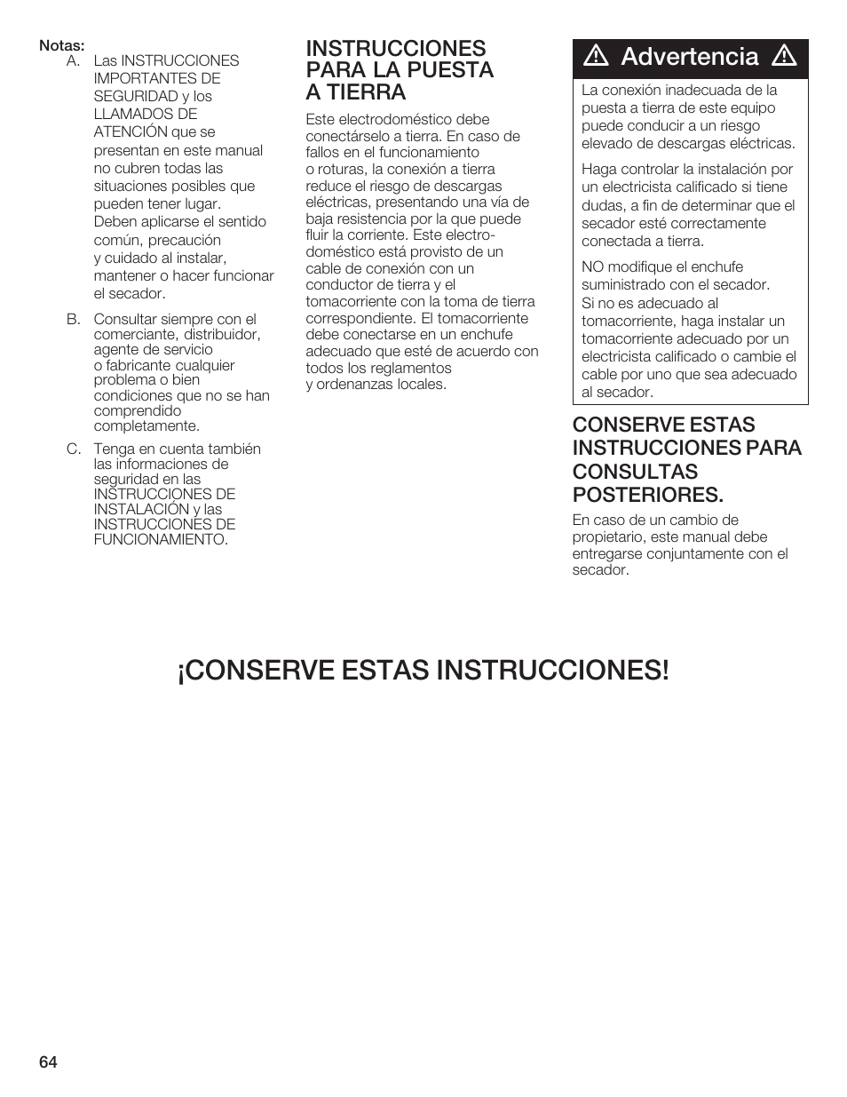 Conserve estas instrucciones, Advertencia, Instrucciones para la puesta a tierra | Bosch WTMC 652SUC User Manual | Page 64 / 96