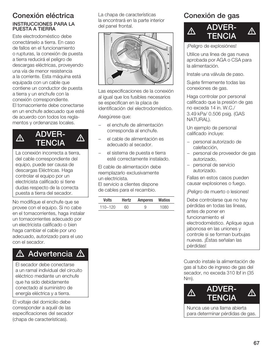 Adverć tencia, Advertencia, Conexión eléctrica | Conexión de gas | Bosch WTMC 652SUC User Manual | Page 67 / 96