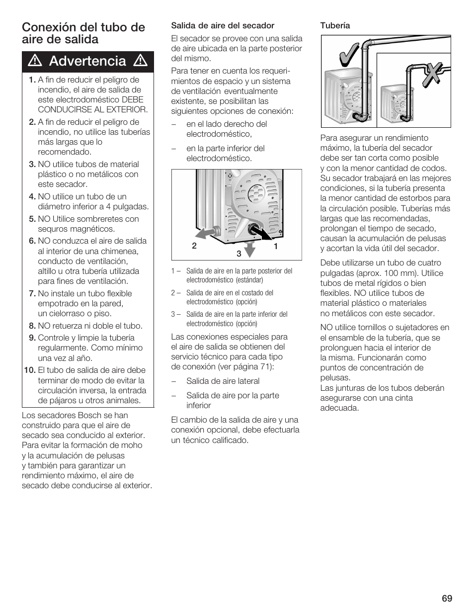 Advertencia, Conexión del tubo de aire de salida | Bosch WTMC 652SUC User Manual | Page 69 / 96