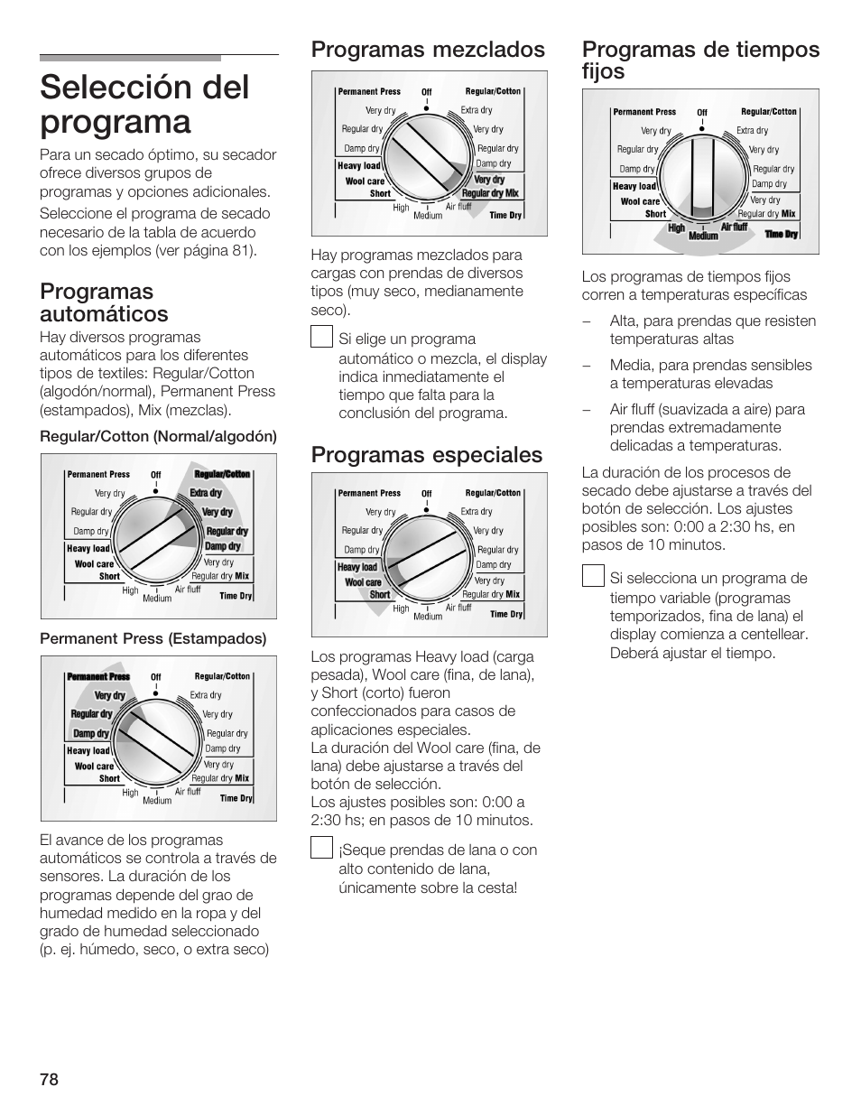 Selección del programa, Programas automáticos, Programas mezclados | Programas especiales, Programas de tiempos fijos | Bosch WTMC 652SUC User Manual | Page 78 / 96