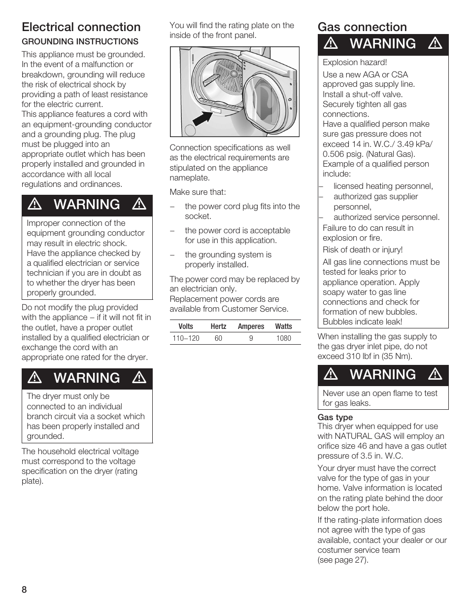 Warning, Electrical connection, Gas connection | Bosch WTMC 652SUC User Manual | Page 8 / 96