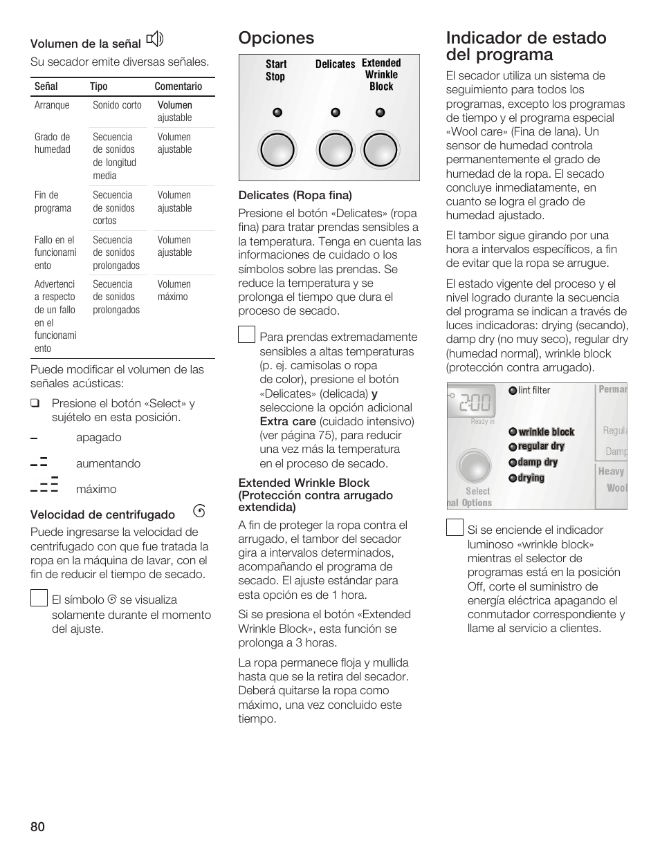 Opciones, Indicador de estado del programa | Bosch WTMC 652SUC User Manual | Page 80 / 96