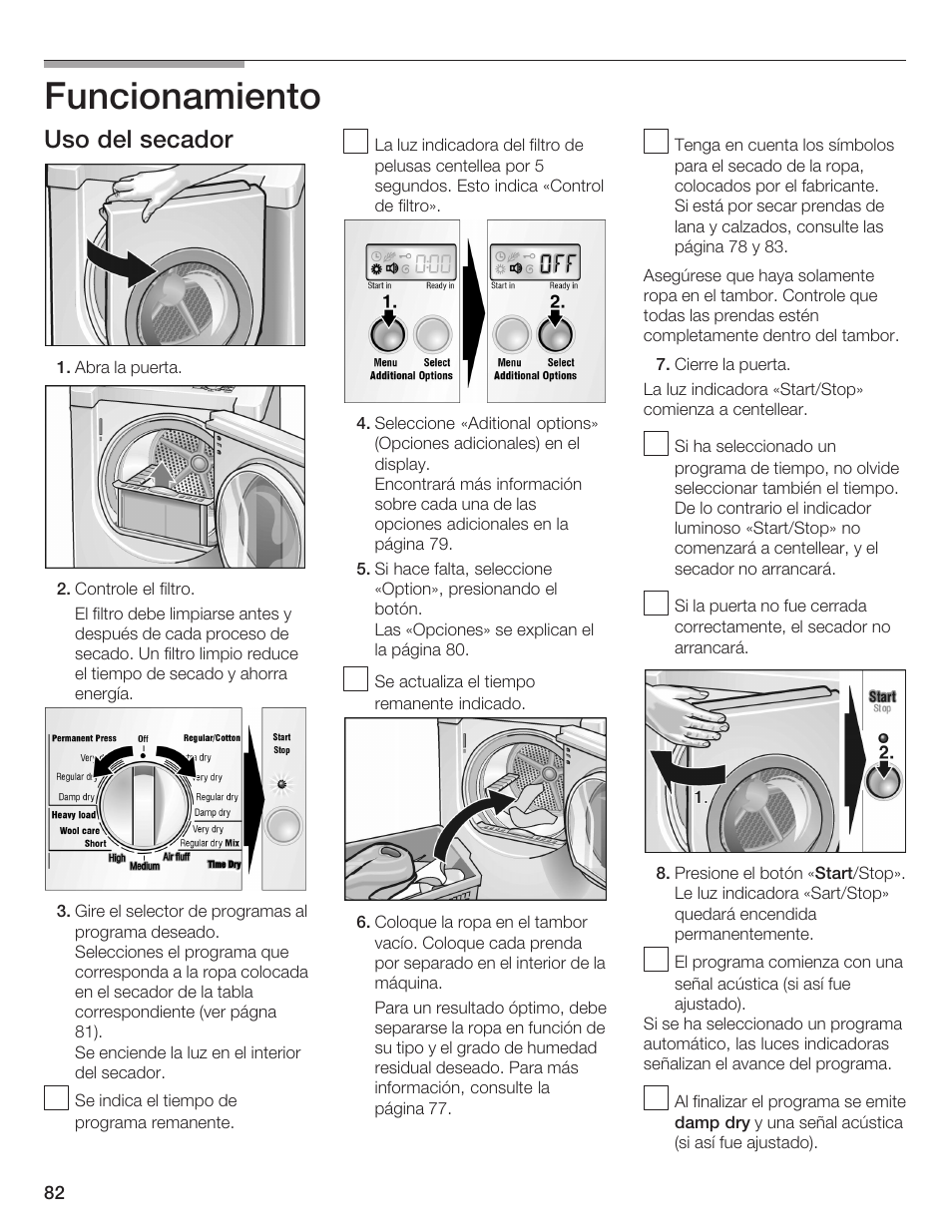 Funcionamiento, Uso del secador | Bosch WTMC 652SUC User Manual | Page 82 / 96