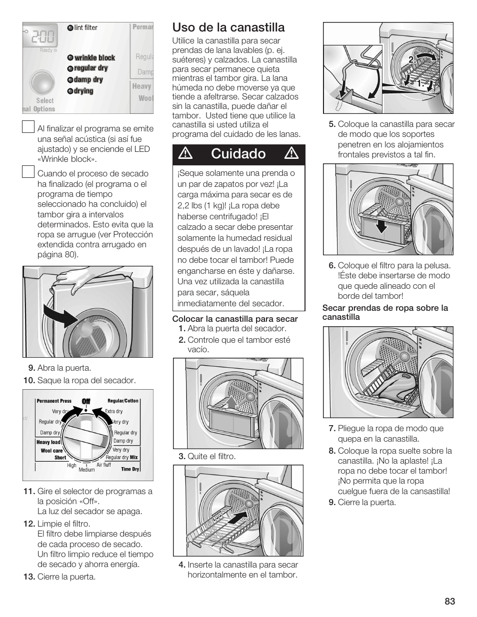 Cuidado, Uso de la canastilla | Bosch WTMC 652SUC User Manual | Page 83 / 96