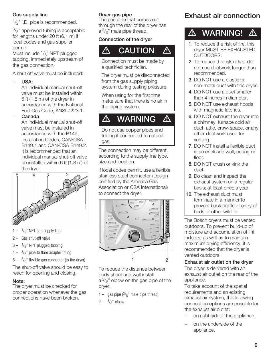Caution, Warning, Exhaust air connection | Bosch WTMC 652SUC User Manual | Page 9 / 96