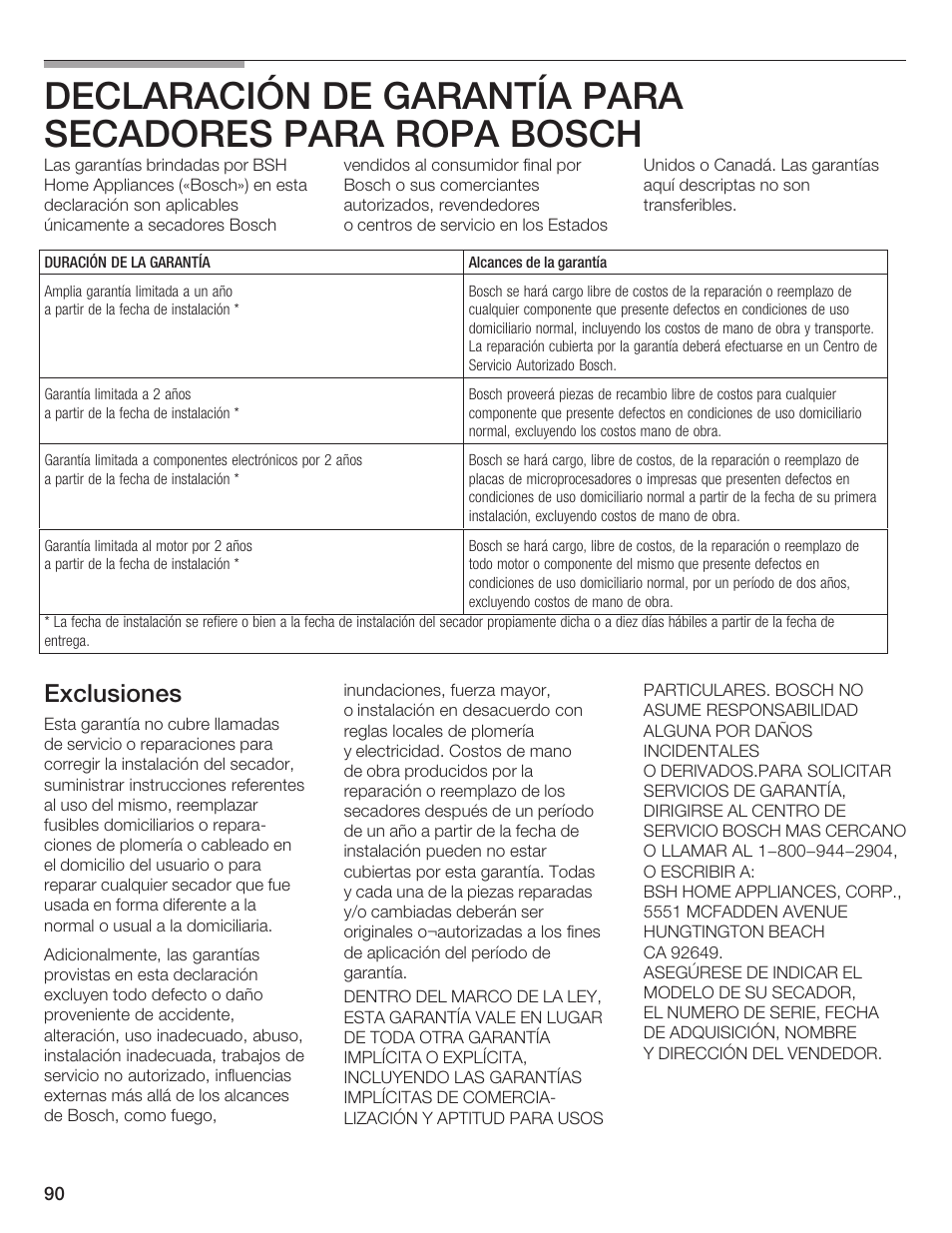 Exclusiones | Bosch WTMC 652SUC User Manual | Page 90 / 96