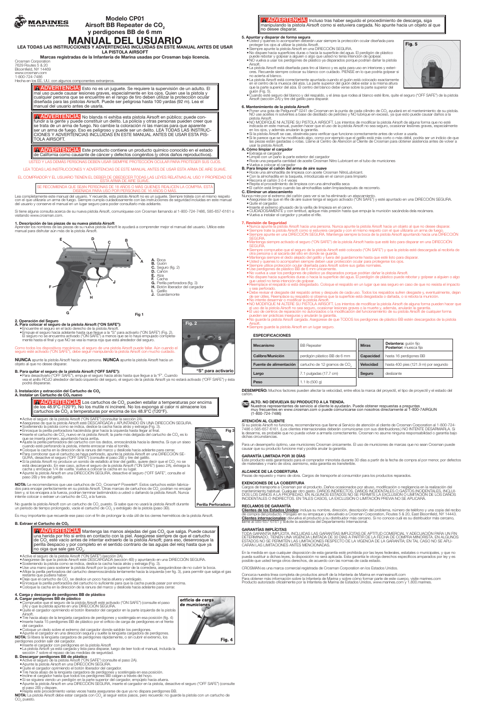 Manual del usuario, Modelo cp01 airsoft bb repeater de co, Y perdigones bb de 6 mm | Advertencia | Crosman CP01 User Manual | Page 2 / 2