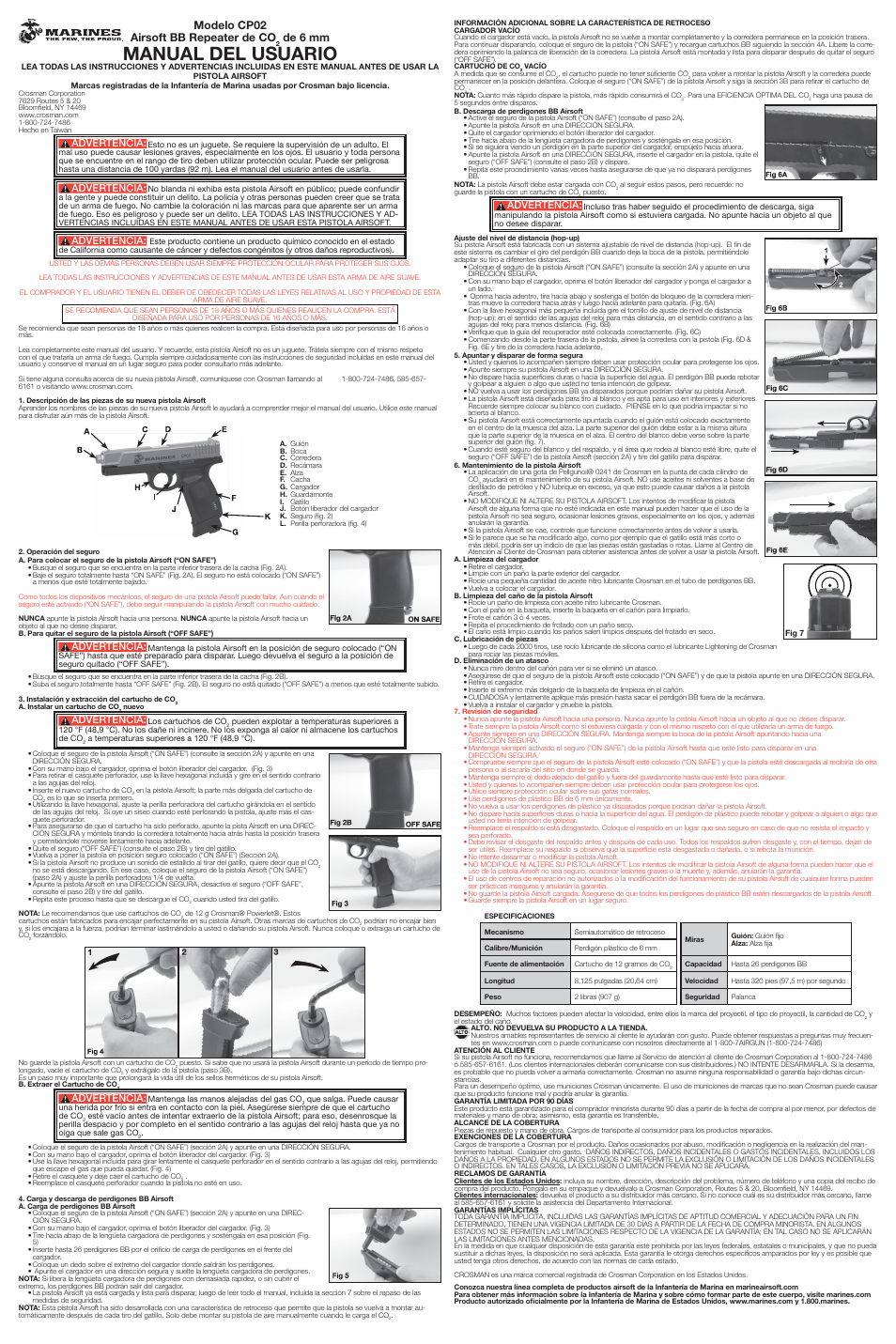 Manual del usuario, Modelo cp02 airsoft bb repeater de co, De 6 mm | Advertencia | Crosman CP02 User Manual | Page 2 / 2