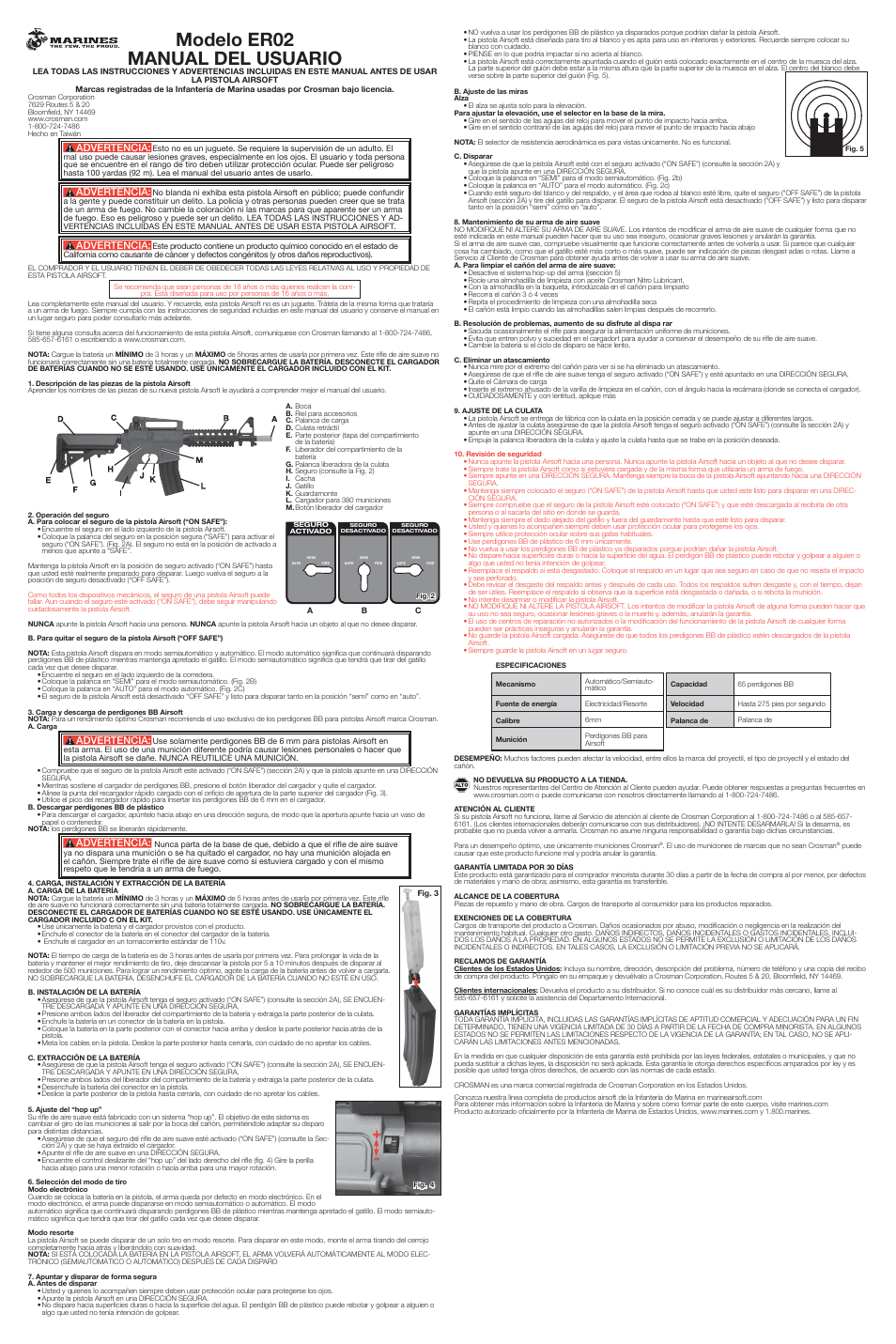 Modelo er02 manual del usuario, Advertencia | Crosman ER02 User Manual | Page 2 / 2