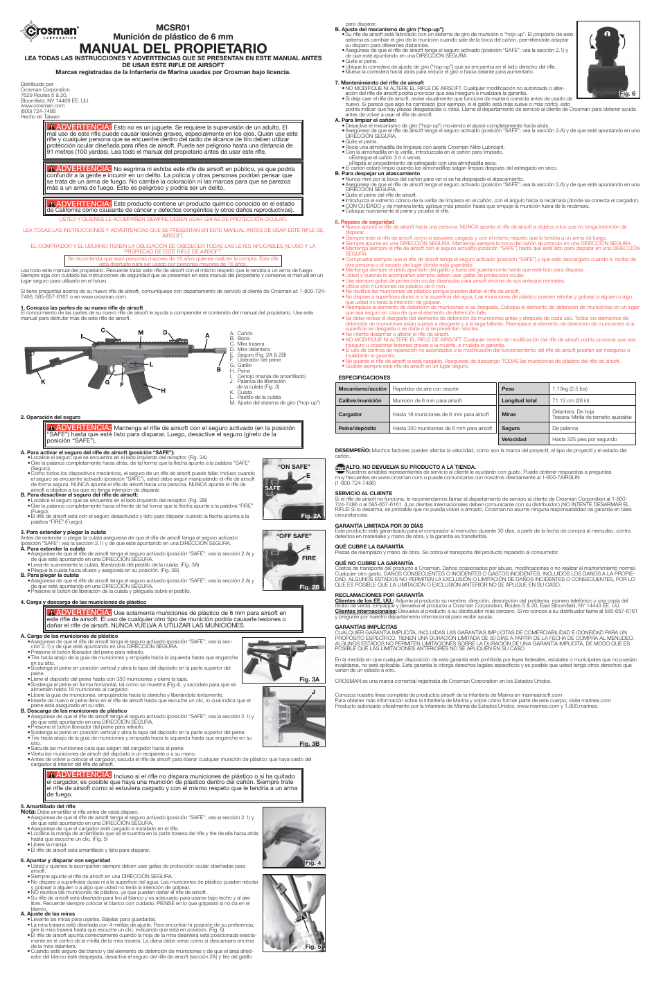 Manual del propietario, Mcsr01 munición de plástico de 6 mm, Advertencia | Crosman MCSR01 User Manual | Page 2 / 2