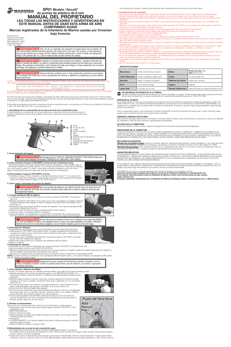 Manual del propietario, Sp01, Modelo “airsoft” de postas de plástico de 6 mm | Punto de mira hoja alza - ranura fija | Crosman SP01 User Manual | Page 2 / 2