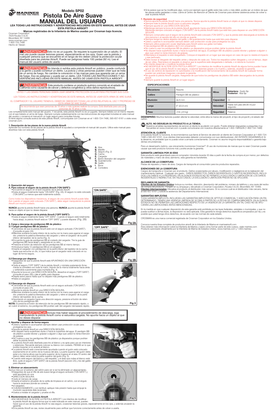 Pistola de aire suave manual del usuario, Modelo sp02, Advertencia | Crosman SP02 User Manual | Page 2 / 2