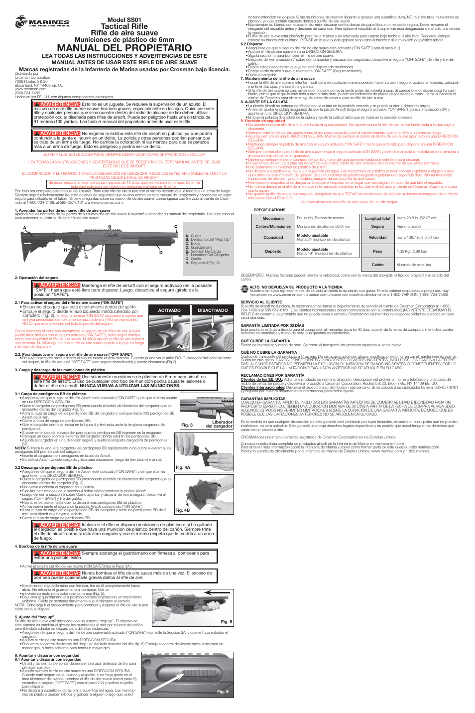 Manual del propietario, Tactical rifle rifle de aire suave, Municiones de plástico de 6mm | Model ss01, Advertencia | Crosman SS01 User Manual | Page 2 / 2