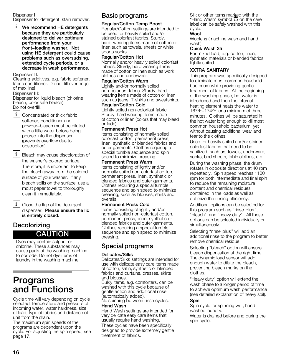 Programs and functions, Caution, Decolorizing | Basic programs, Special programs | Bosch WFMC3301UC User Manual | Page 16 / 80