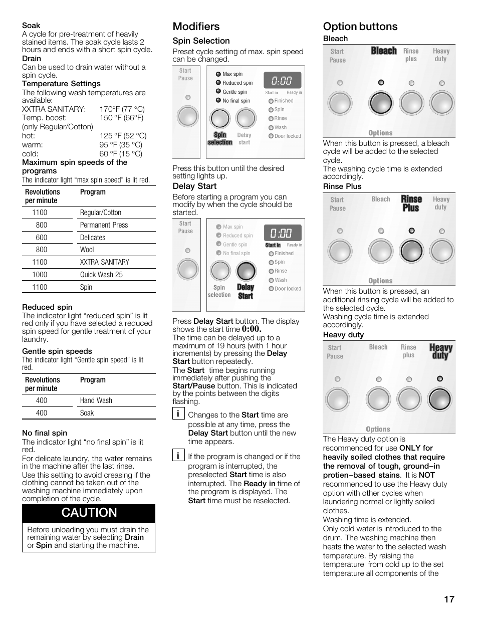 Caution, Modifiers, Option buttons | Bosch WFMC3301UC User Manual | Page 17 / 80