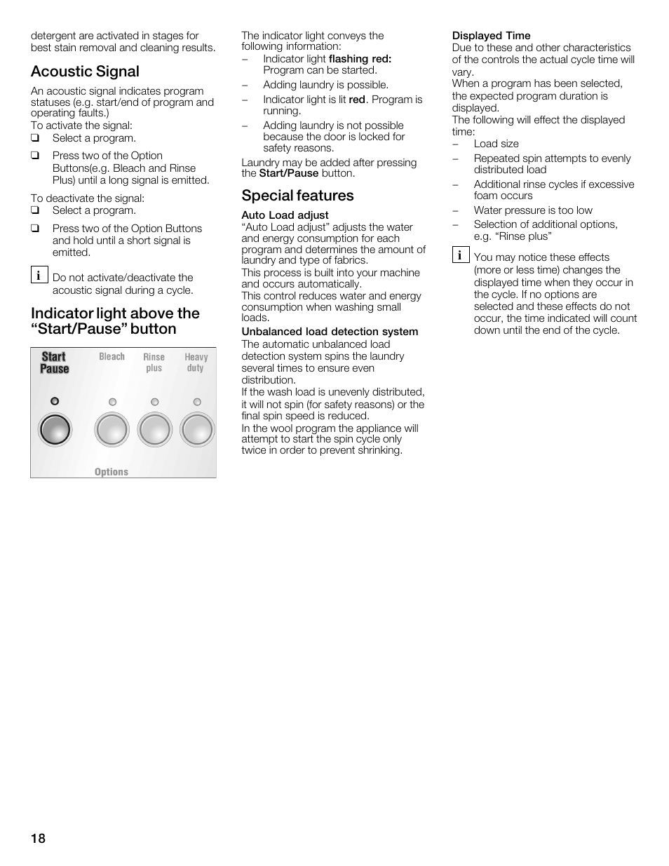 Acoustic signal, Indicator light above the start/pause" button, Special features | Bosch WFMC3301UC User Manual | Page 18 / 80