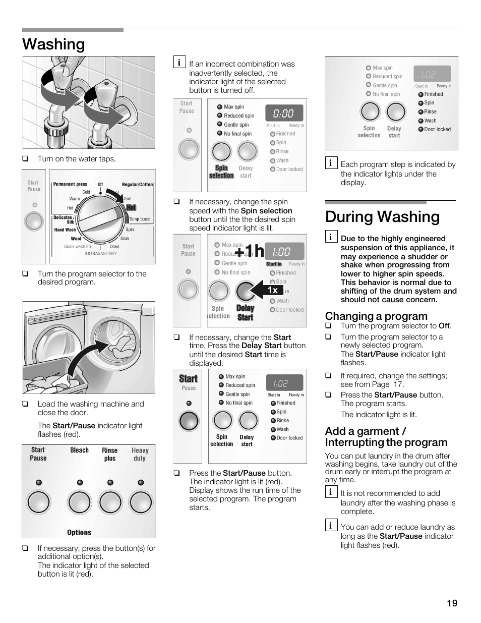 Washing, During washing, Changing a program | Add a garment / interrupting the program | Bosch WFMC3301UC User Manual | Page 19 / 80