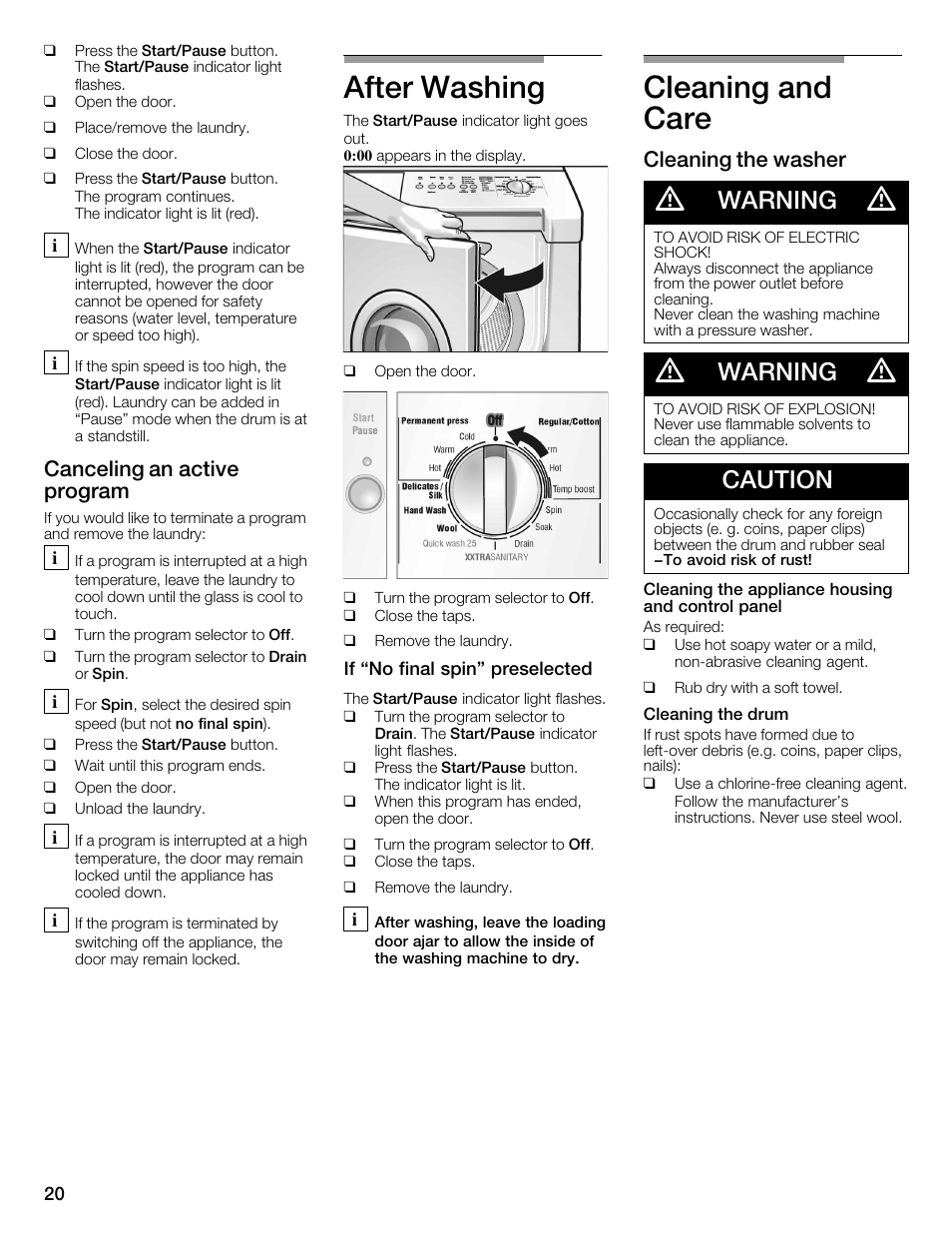 After washing, Cleaning and care, Warning | Caution, Canceling an active program, Cleaning the washer | Bosch WFMC3301UC User Manual | Page 20 / 80