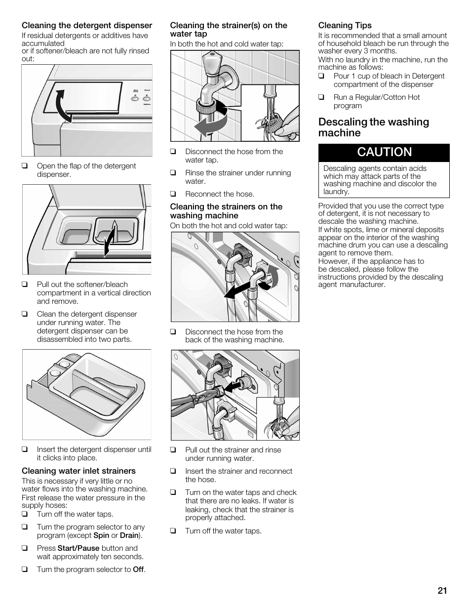 Caution, Descaling the washing machine | Bosch WFMC3301UC User Manual | Page 21 / 80