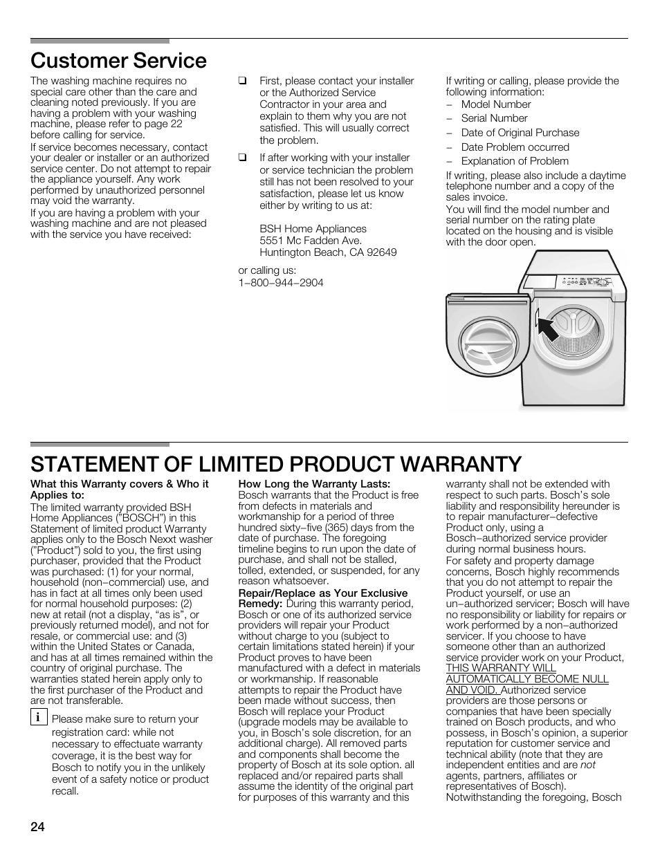 Customer service, Statement of limited product warranty | Bosch WFMC3301UC User Manual | Page 24 / 80