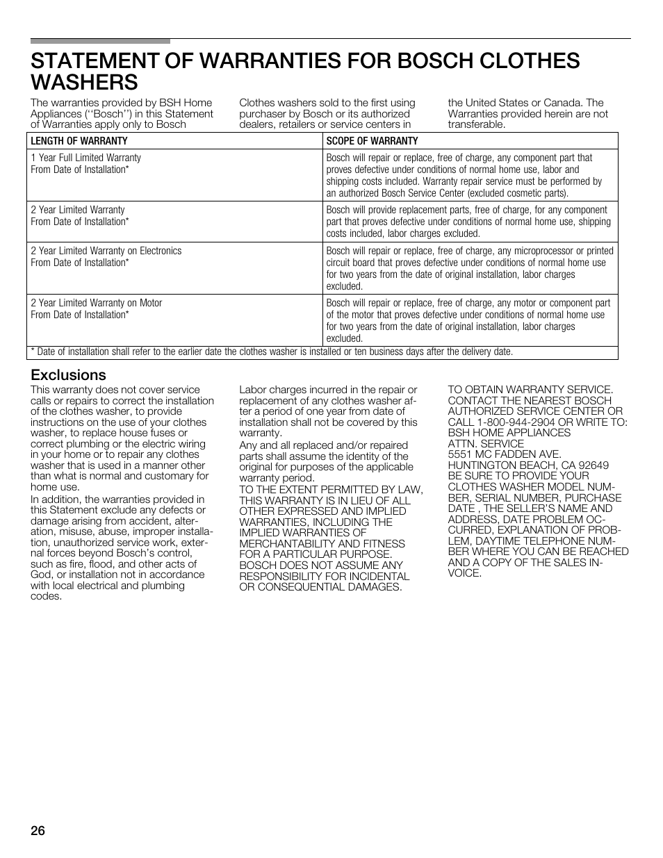 Statement of warranties for bosch clothes washers, Exclusions | Bosch WFMC3301UC User Manual | Page 26 / 80