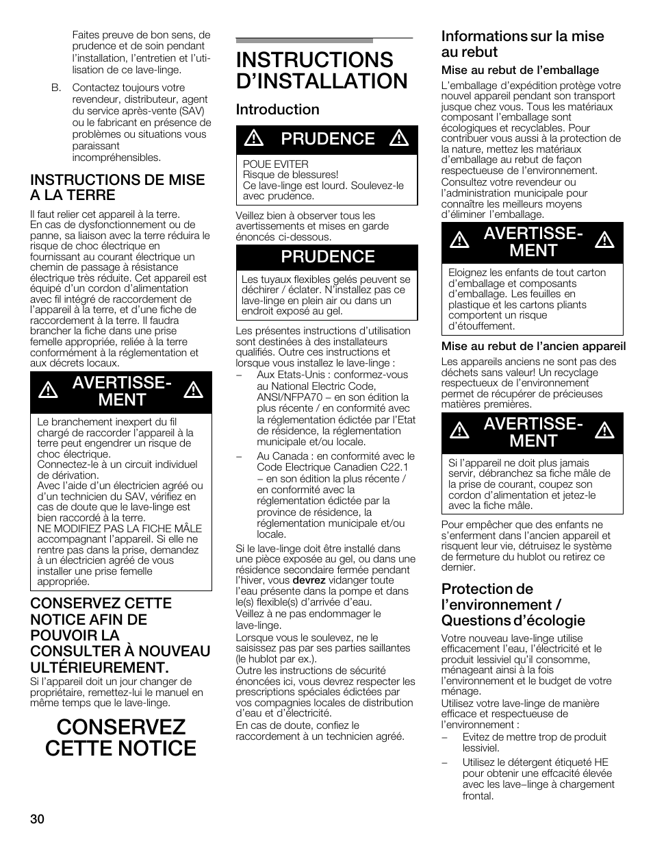 Conservez cette notice instructions d'installation, Avertisseć ment, Prudence | Instructions de mise a la terre, Introduction, Informations sur la mise au rebut | Bosch WFMC3301UC User Manual | Page 30 / 80