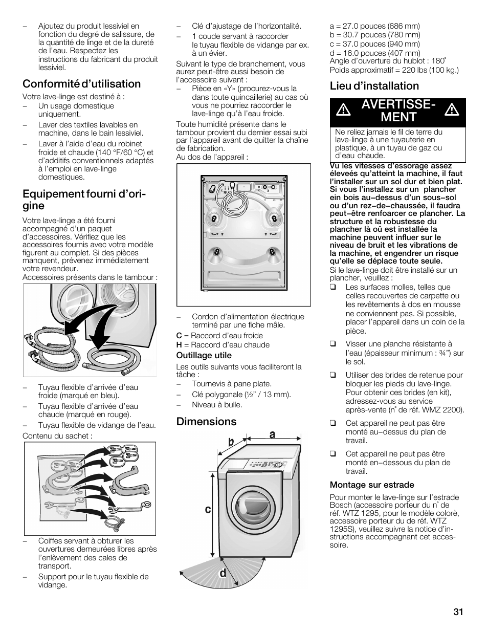 Avertisseć ment, Conformité d'utilisation, Equipement fourni d'orić gine | Dimensions, Lieu d'installation | Bosch WFMC3301UC User Manual | Page 31 / 80