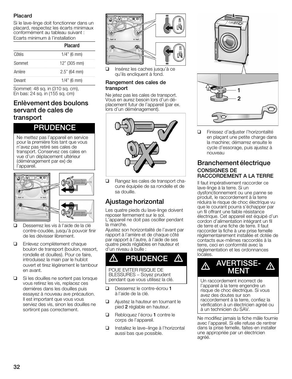 Prudence, Avertisseć ment, Ajustage horizontal | Branchement électrique | Bosch WFMC3301UC User Manual | Page 32 / 80