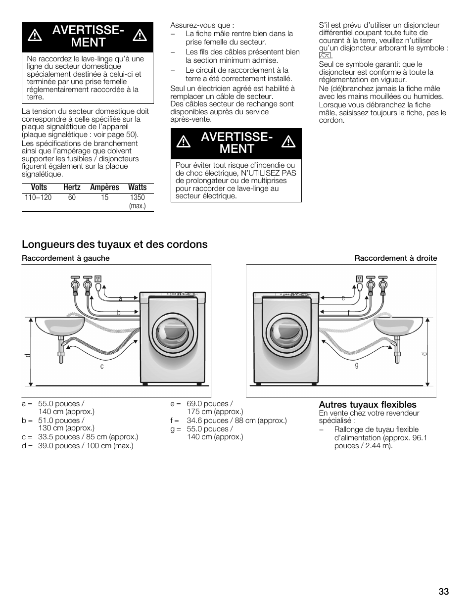 Avertisseć ment, Longueurs des tuyaux et des cordons | Bosch WFMC3301UC User Manual | Page 33 / 80