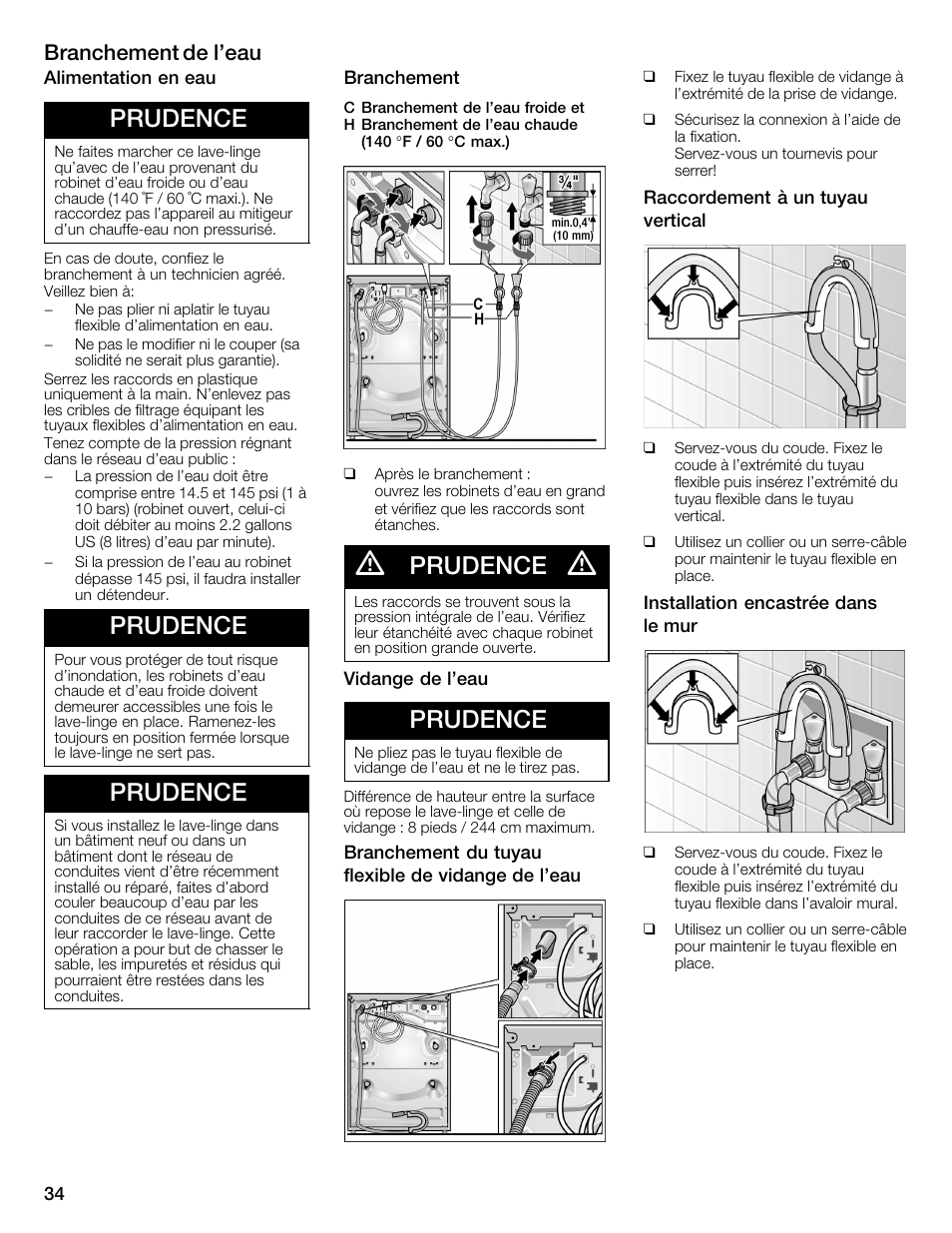 Prudence, Branchement de l'eau | Bosch WFMC3301UC User Manual | Page 34 / 80