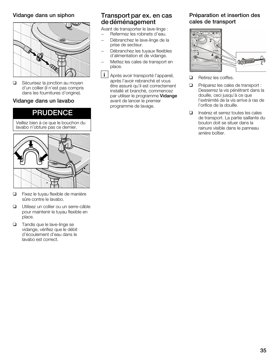 Prudence, Transport par ex. en cas de déménagement | Bosch WFMC3301UC User Manual | Page 35 / 80