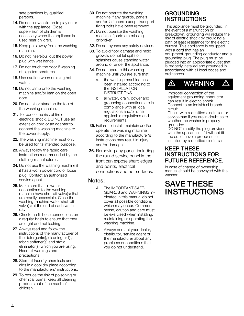 Save these instructions, Warning, Grounding instructions | Keep these instructions for future reference | Bosch WFMC3301UC User Manual | Page 4 / 80