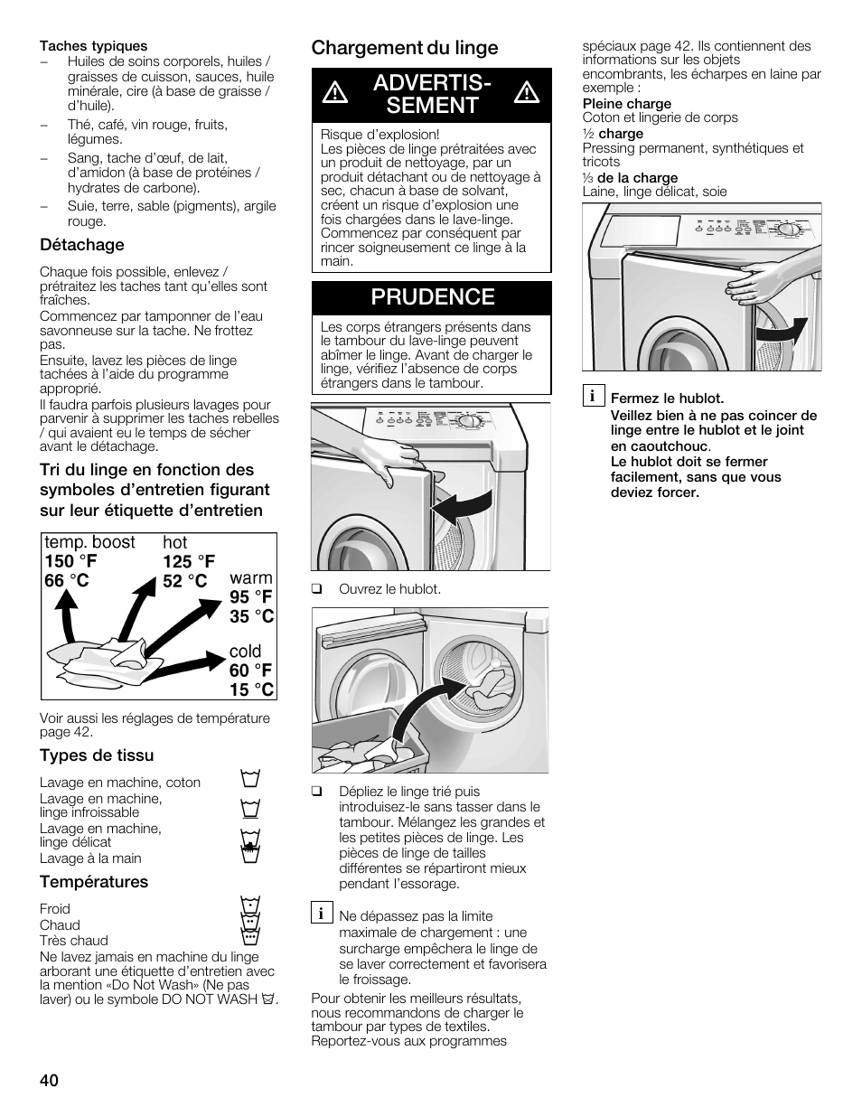 Advertisć sement, Prudence, Chargement du linge | Bosch WFMC3301UC User Manual | Page 40 / 80