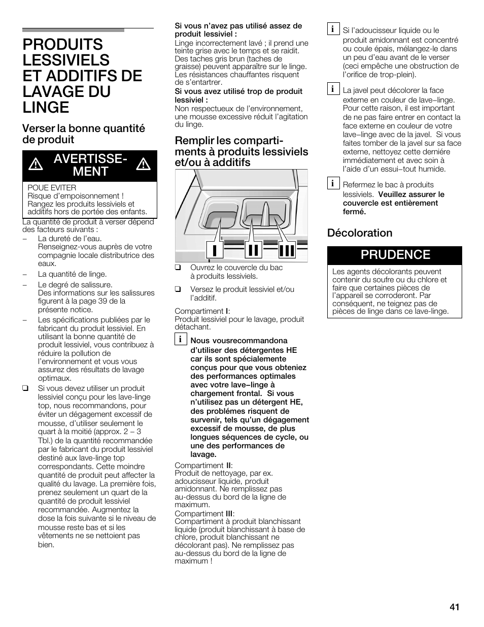 Produits lessiviels et additifs de lavage du linge, Avertisseć ment, Prudence | Verser la bonne quantité de produit, Décoloration | Bosch WFMC3301UC User Manual | Page 41 / 80