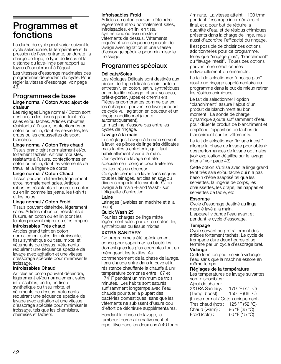 Programmes et fonctions, Programmes de base, Programmes spéciaux | Bosch WFMC3301UC User Manual | Page 42 / 80