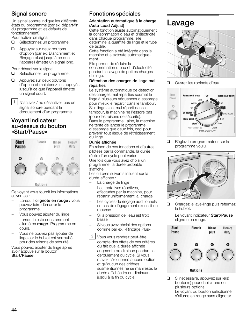 Lavage, Signal sonore, Voyant indicateur aućdessus du bouton «start/pause | Fonctions spéciales | Bosch WFMC3301UC User Manual | Page 44 / 80