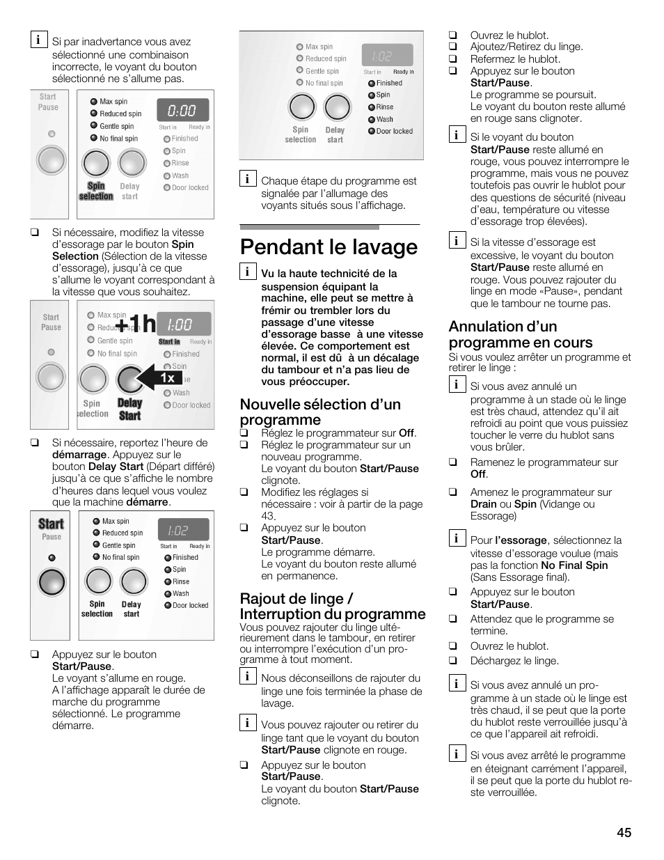 Pendant le lavage, Nouvelle sélection d'un programme, Rajout de linge / interruption du programme | Annulation d'un programme en cours | Bosch WFMC3301UC User Manual | Page 45 / 80