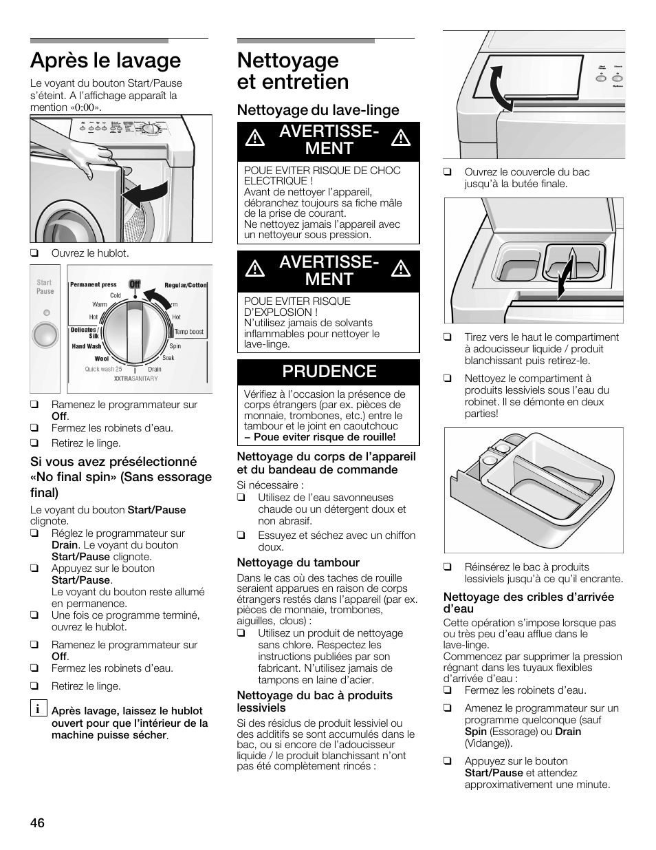 Après le lavage, Nettoyage et entretien, Avertisseć ment | Prudence, Nettoyage du lavećlinge | Bosch WFMC3301UC User Manual | Page 46 / 80