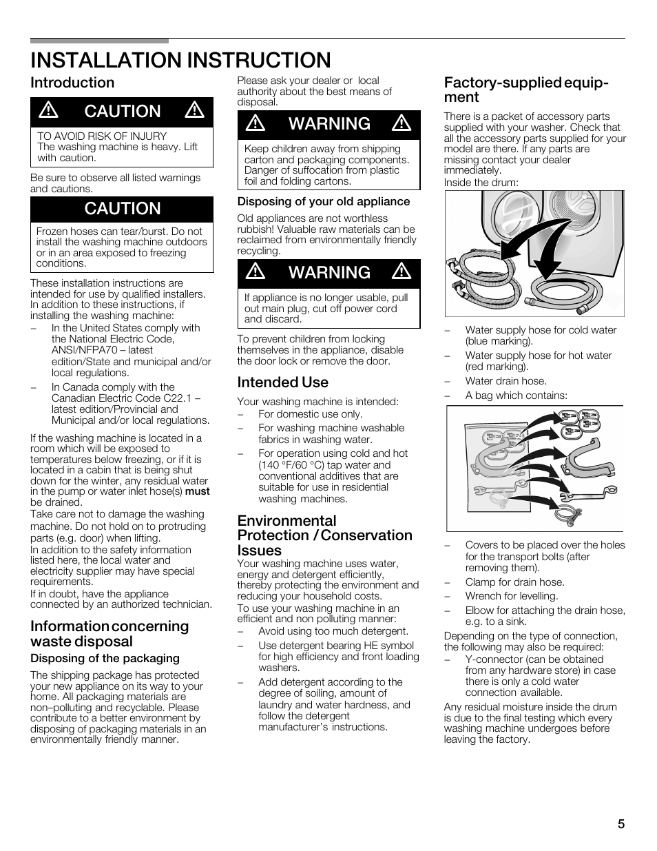 Installation instruction, Caution, Warning | Introduction, Information concerning waste disposal, Intended use, Environmental protection / conservation issues, Factoryćsupplied equipć ment | Bosch WFMC3301UC User Manual | Page 5 / 80