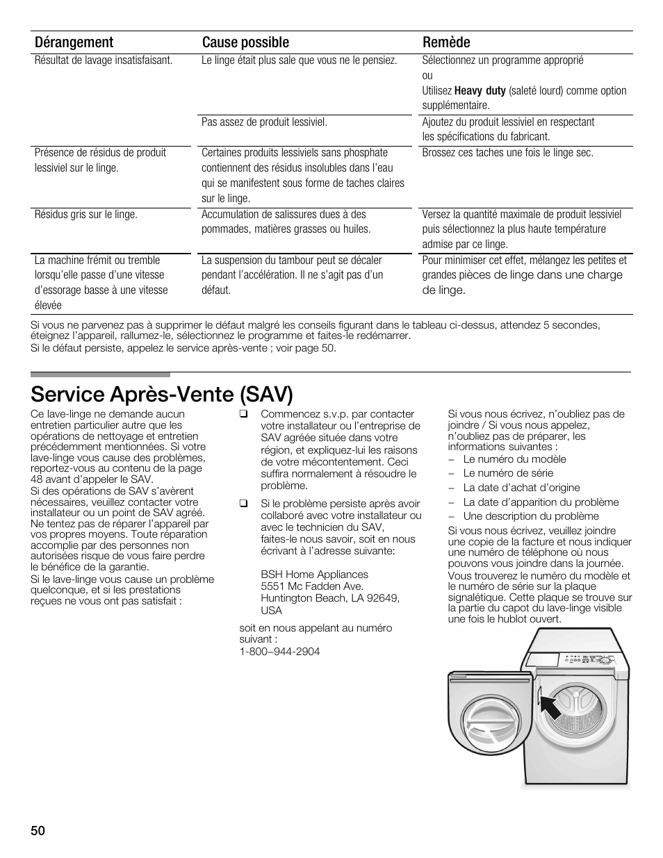 Service aprèsćvente (sav), Dérangement remède cause possible | Bosch WFMC3301UC User Manual | Page 50 / 80