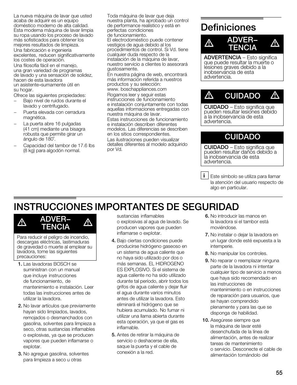 Definiciones d, Instrucciones importantes deăseguridad d, Adver- tencia | Cuidado | Bosch WFMC3301UC User Manual | Page 55 / 80