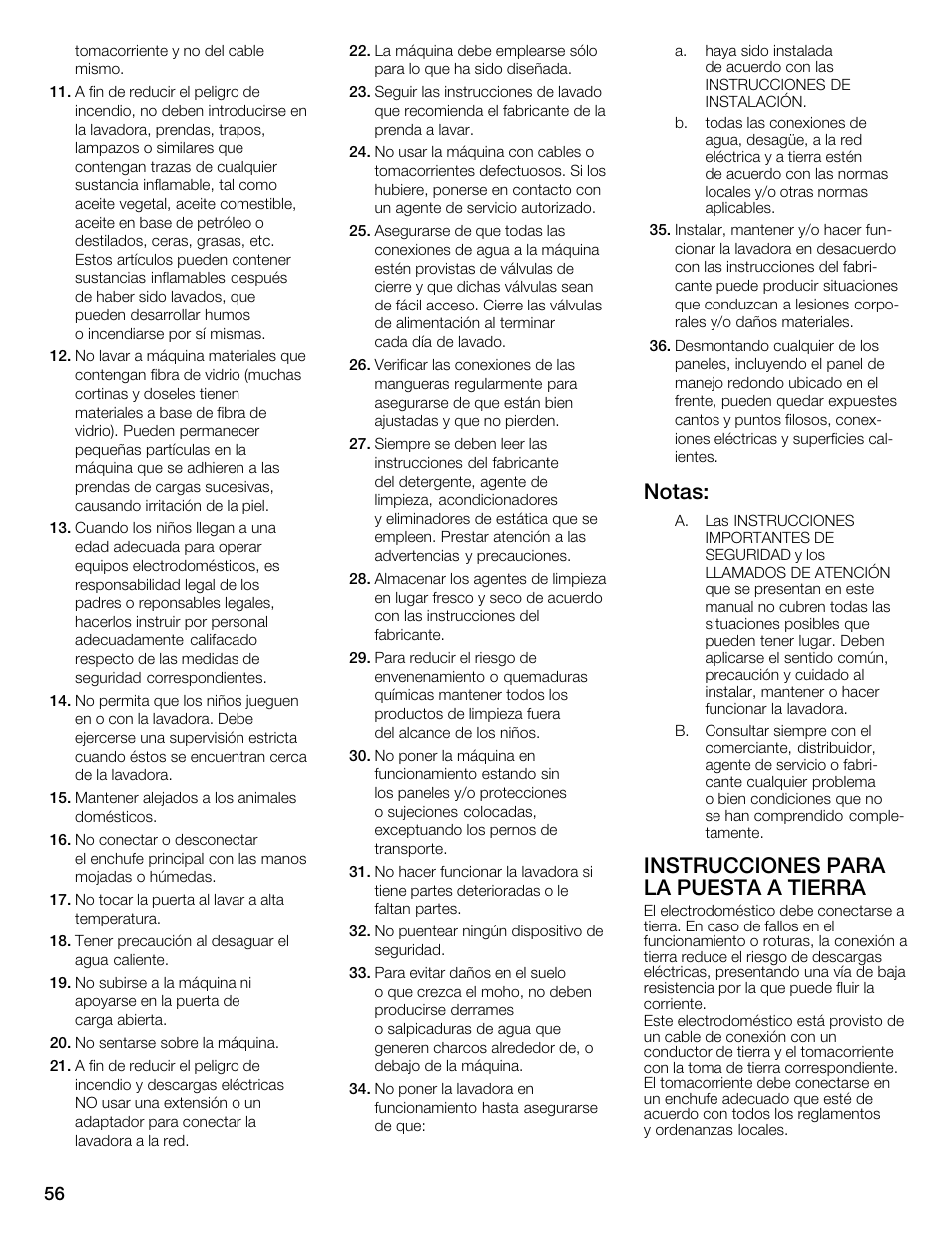 Notas, Instrucciones para la puesta aătierra | Bosch WFMC3301UC User Manual | Page 56 / 80