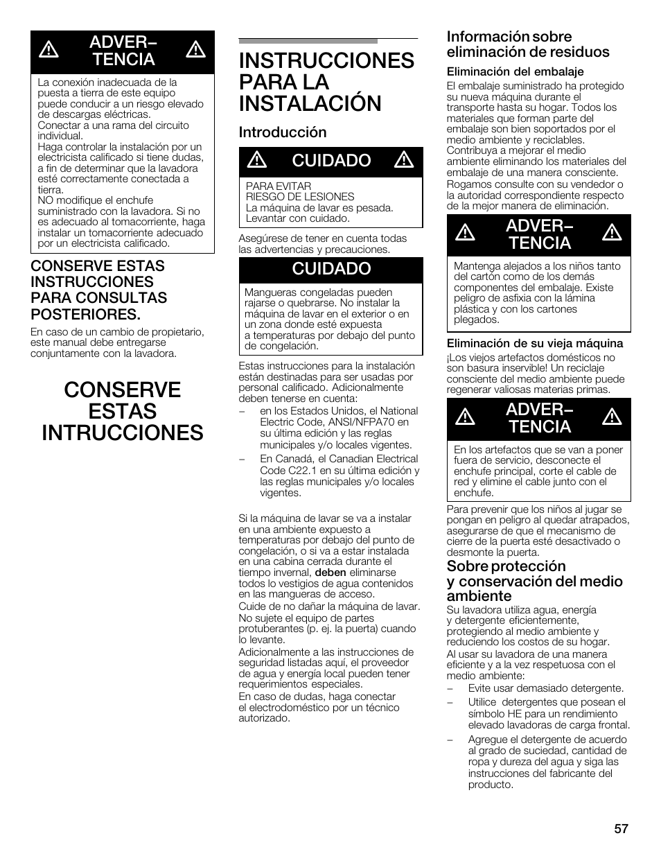 Adver- tencia, Cuidado, Introducción | Información sobre eliminación de residuos, Sobre protección yăconservación del medio ambiente | Bosch WFMC3301UC User Manual | Page 57 / 80