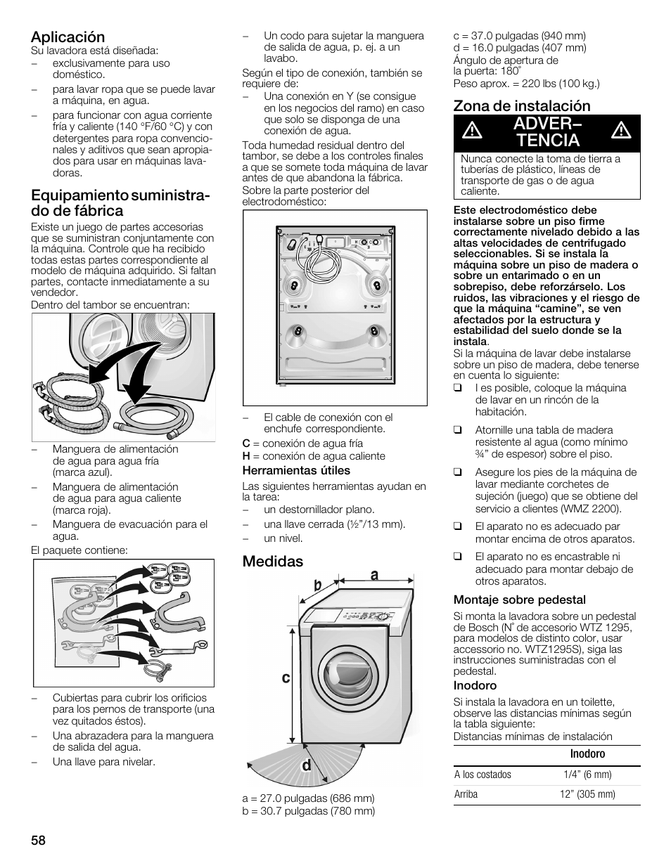 Adver- tencia, Aplicación, Equipamiento suministrać do de fábrica | Medidas, Zona de instalación | Bosch WFMC3301UC User Manual | Page 58 / 80