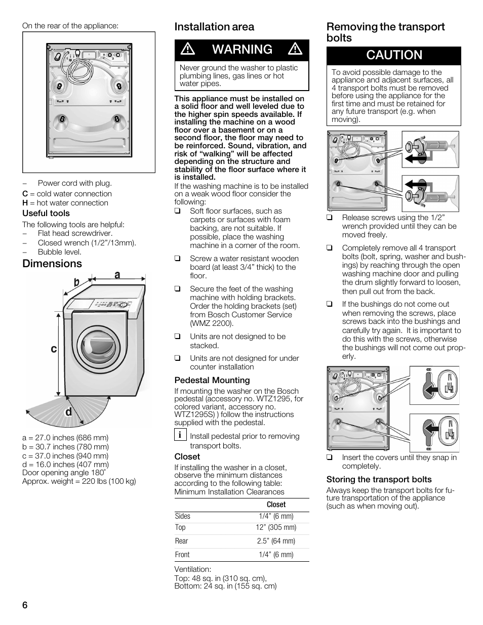 Warning, Caution, Dimensions | Installation area, Removing the transport bolts | Bosch WFMC3301UC User Manual | Page 6 / 80