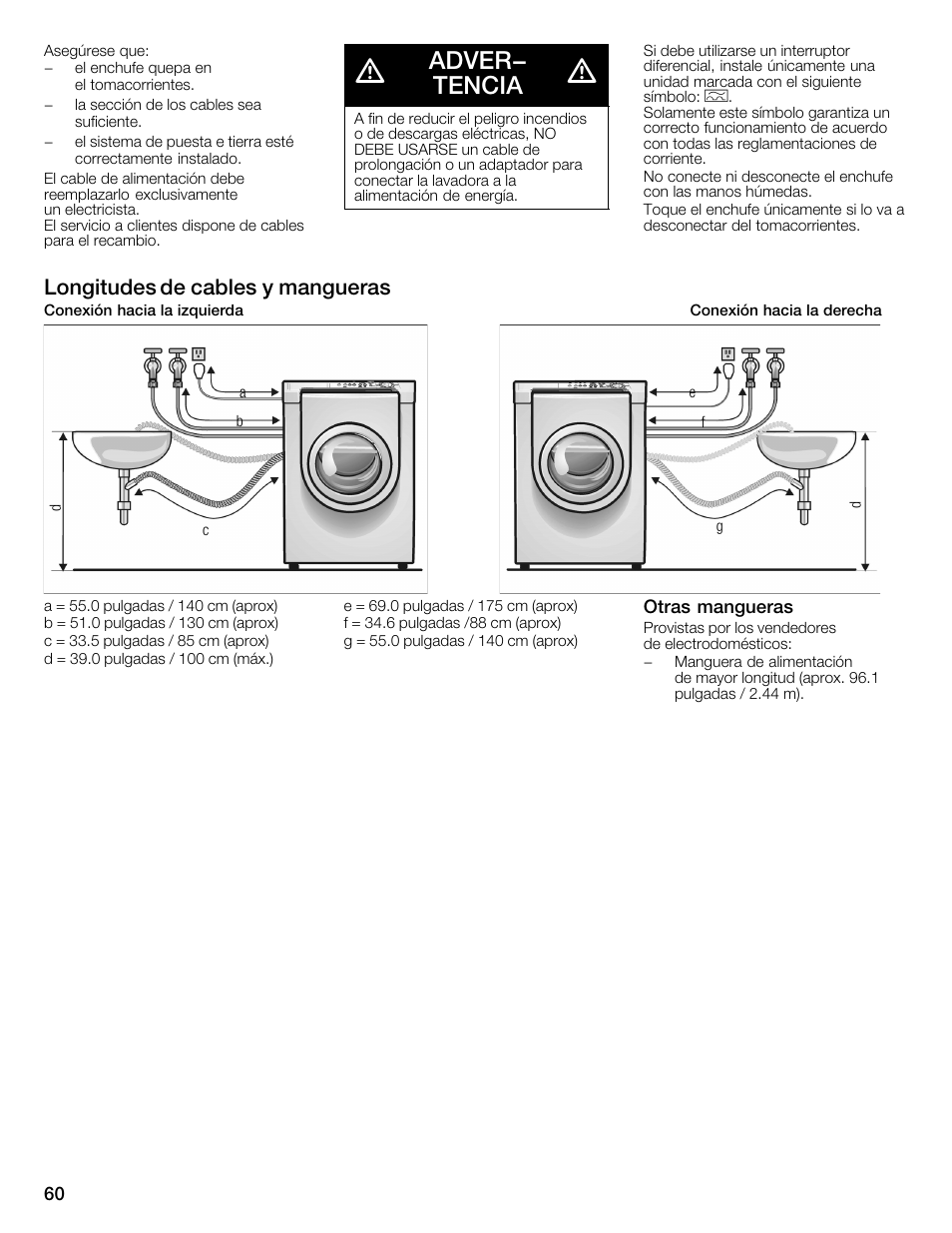 Adver- tencia, Longitudes de cables y mangueras | Bosch WFMC3301UC User Manual | Page 60 / 80