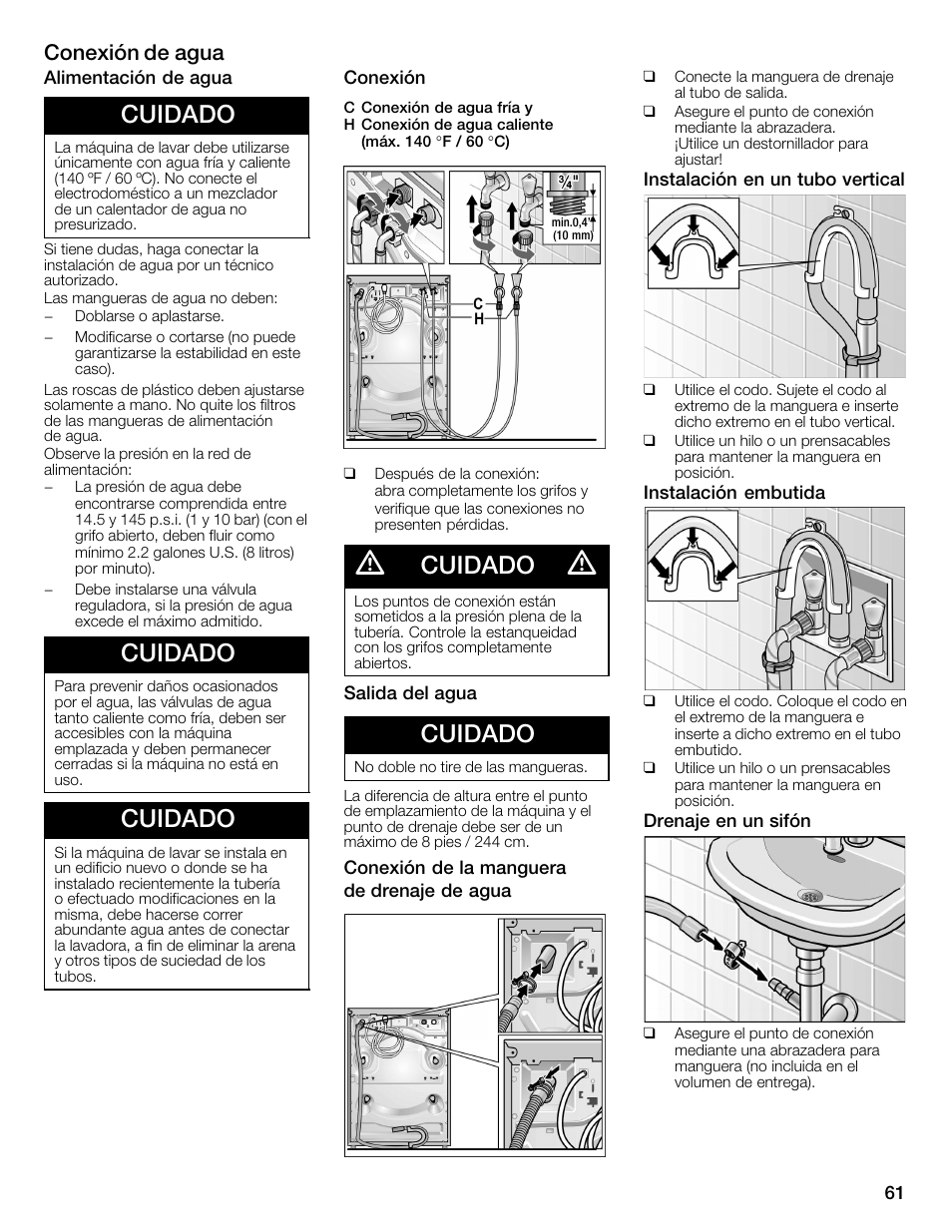 Cuidado, Conexión de agua | Bosch WFMC3301UC User Manual | Page 61 / 80