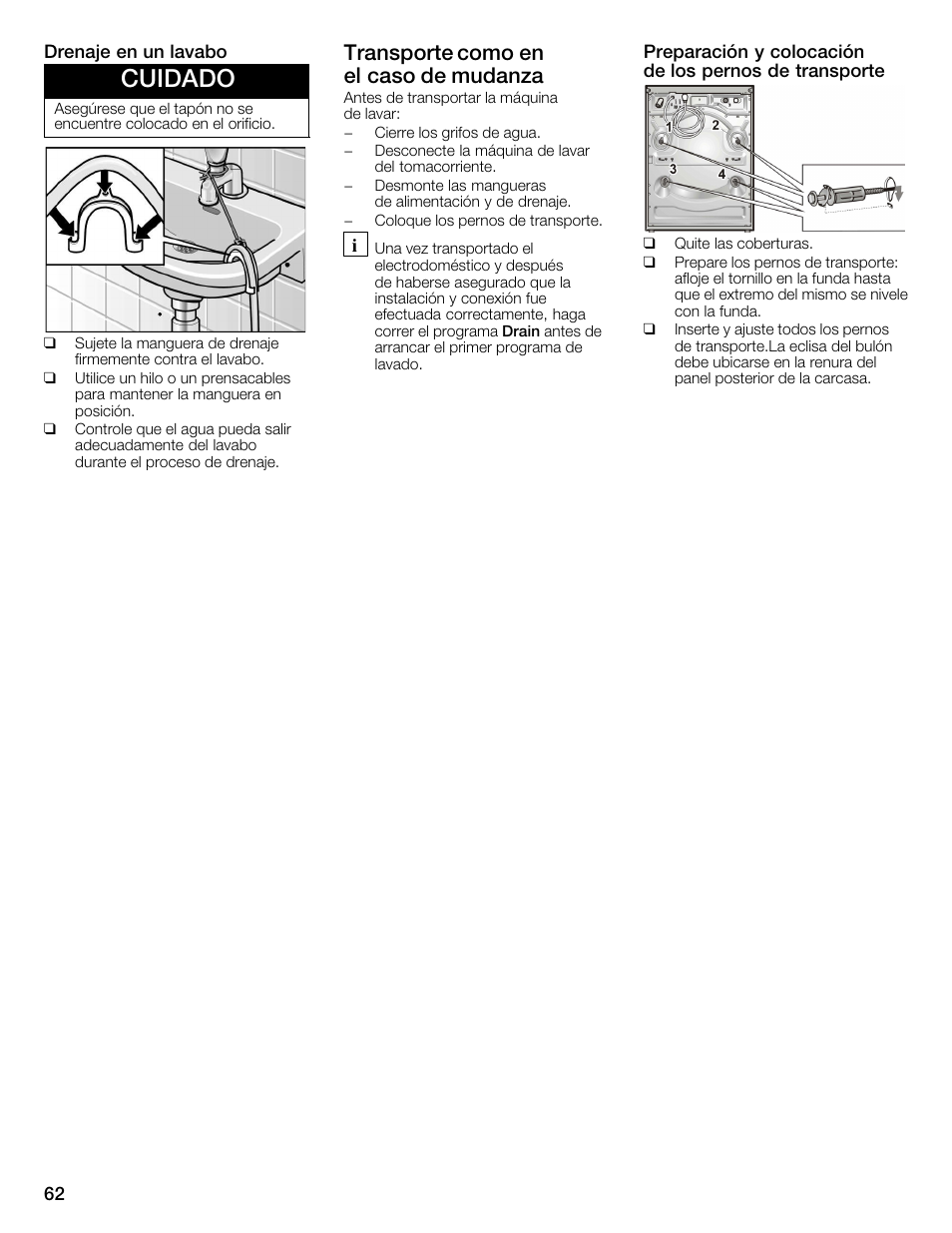 Cuidado, Transporte como en elăcaso de mudanza | Bosch WFMC3301UC User Manual | Page 62 / 80